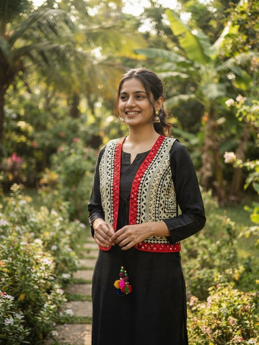 Handcrafted Kutchi Embroidered Ivory & Red Black Cotton Jacket with Geometric Patterns