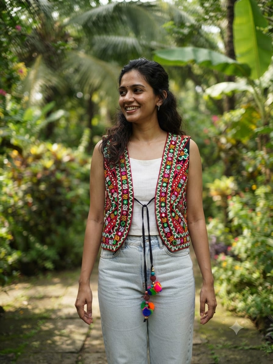 Handcrafted Kutchi Embroidered Red & Green Cotton Jacket with Mirror Work & Tassels