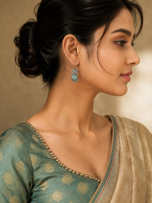 Handcrafted Black Oxidised Silver Elephant Drop Earrings with Sea Green Stone 