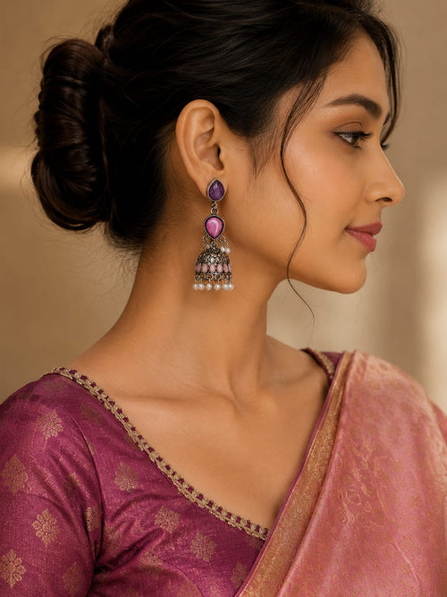 Handcrafted Black Oxidised Silver Tiered Jhumka Earrings with Pink & Purple Stones and Pearl Drops