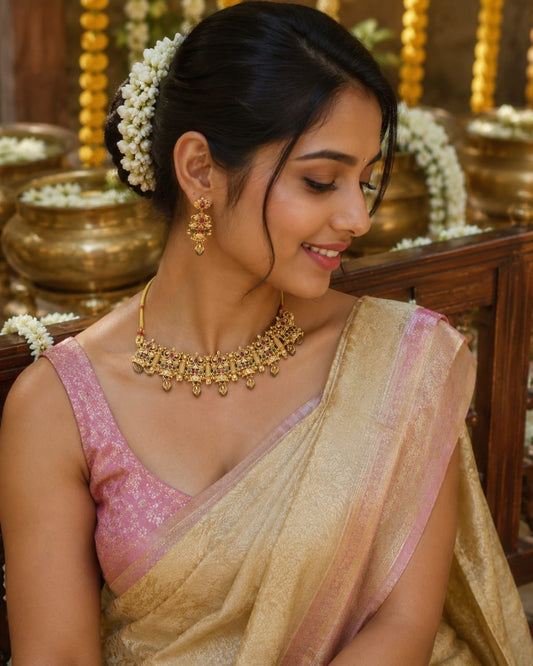 Royal Temple Hasli Choker Necklace Set in Antique Matte Gold Finish with Ruby Green Stones & Matching Earrings