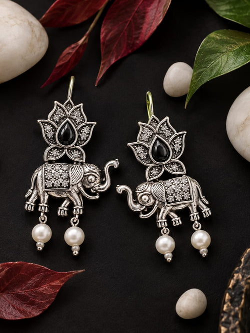 Handcrafted Black Oxidised Silver Lotus & Royal Elephant Drop Earrings with Black Onyx Stone