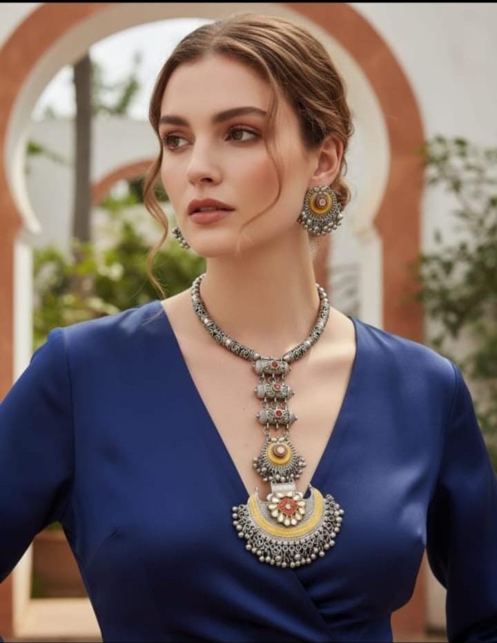 Vintage Dual Tone Oxidised Long Necklace Set with Matching Chandbali Earrings