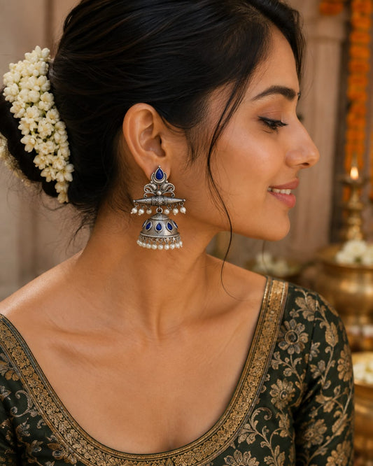 Handcrafted German Silver Oxidised Jhumka Earrings with Royal Sapphire Blue Stones & Pearl Clusters