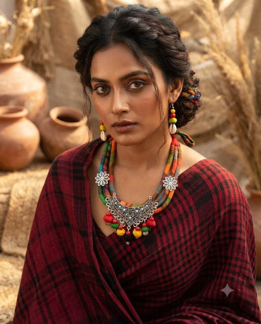 Beautiful Rustic handmade boho style multi layered long orange, mustard, and blue necklace set