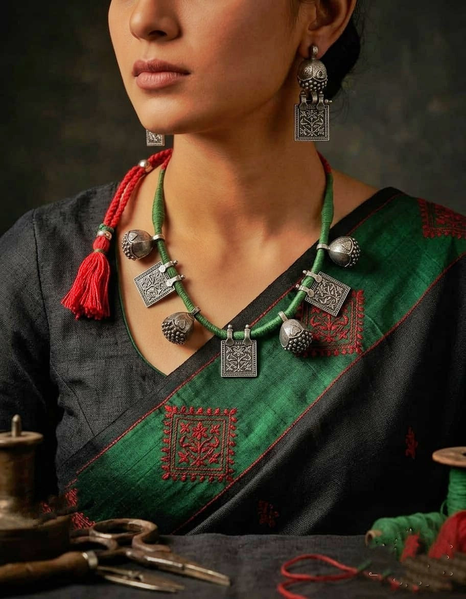 Beautiful Red Green Boho Thread Necklace Set with Matching Studs