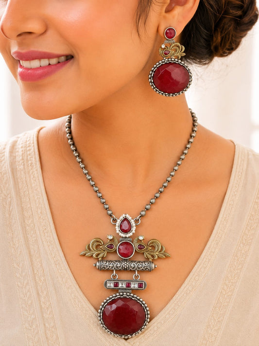 High Quality Silver Look-Alike Ruby Red Monalisa Stone Peacock Necklace Set with Matching Studs