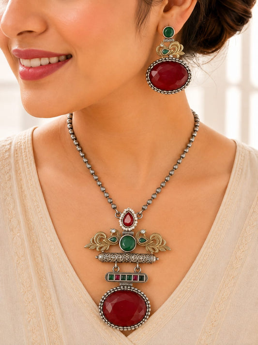 High Quality Silver Look-Alike Red & Green Monalisa Stone Peacock Necklace Set with Matching Studs