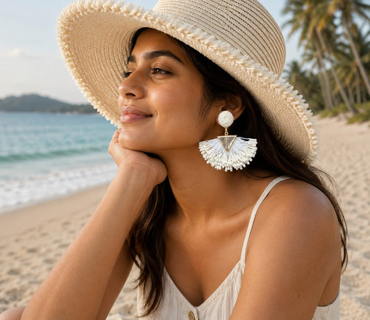 Handcrafted Off-White Thread Pair Of Beautiful Jute Earrings