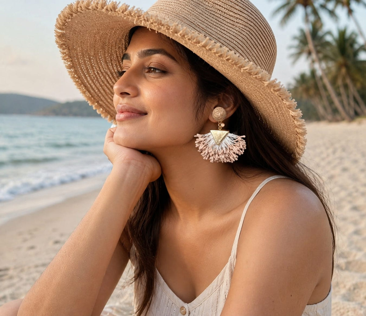 Handcrafted Peach- Beige & White Thread Pair Of Beautiful Jute Earrings
