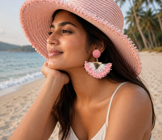 Handcrafted Baby Pink & White Jute Thread pair of beautiful jute Goldan earrings