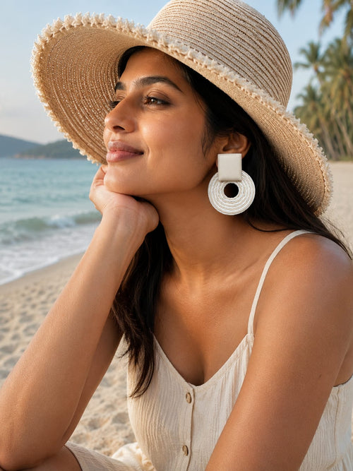 Handcrafted Off-White Round shape beautiful jute earrings