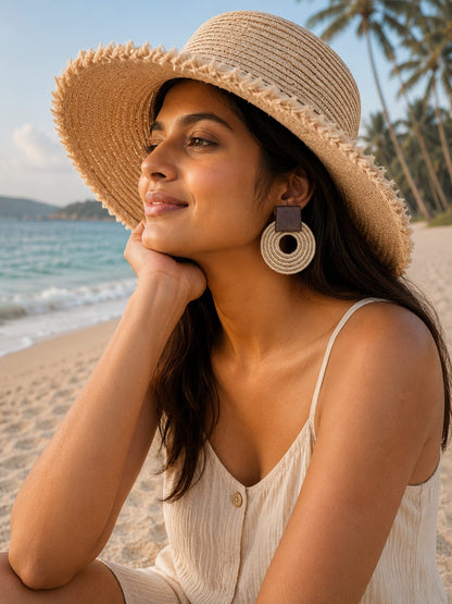 Handcrafted Beige and Round shape  beautiful jute earrings