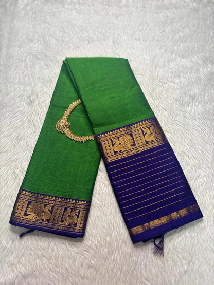 Trending narayanpet Green & Ink Blue merserised cotton saree with golden zari peacock motifs