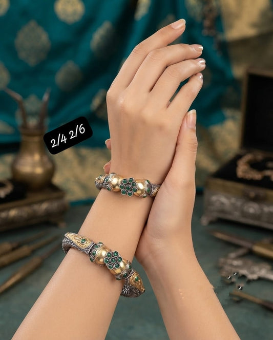 Beautiful Pair of Premium Openable Kada Bracelets with Forest Green Stones