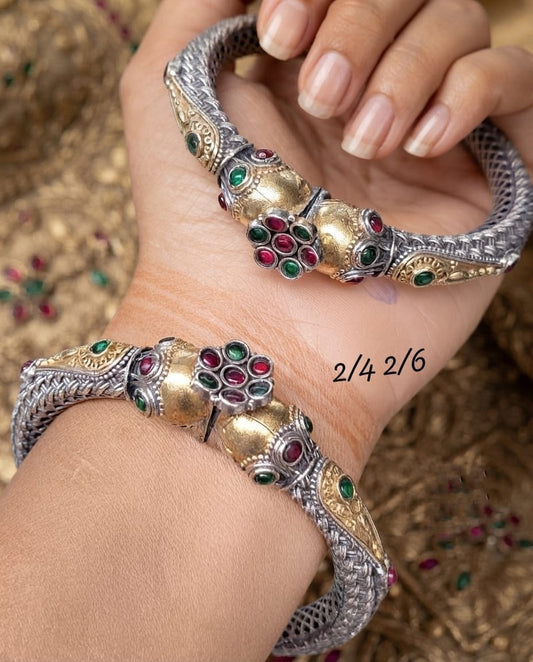Beautiful Pair of Premium Openable Kada Bracelets with Ruby & Green and Red Stones