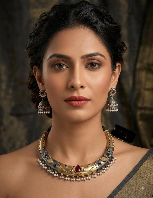 Regal dual tone choker set with matching jhumkas and hanging pearls