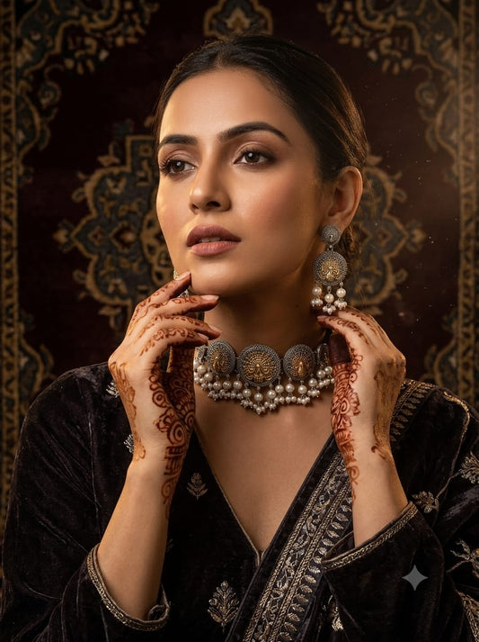 Beautiful dual tone oxidised peacock choker set adorned with white pearls and with matching earrings