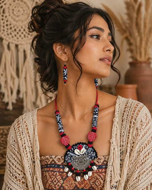 Come fall in love with this boho style handmade necklace with cowrie shells and matching earrings