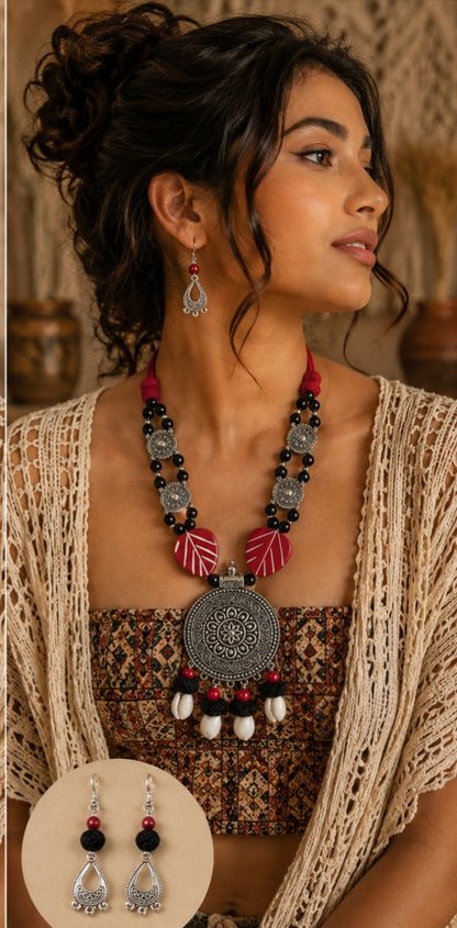 Handcrafted beautiful boho style long necklace set with earrings 