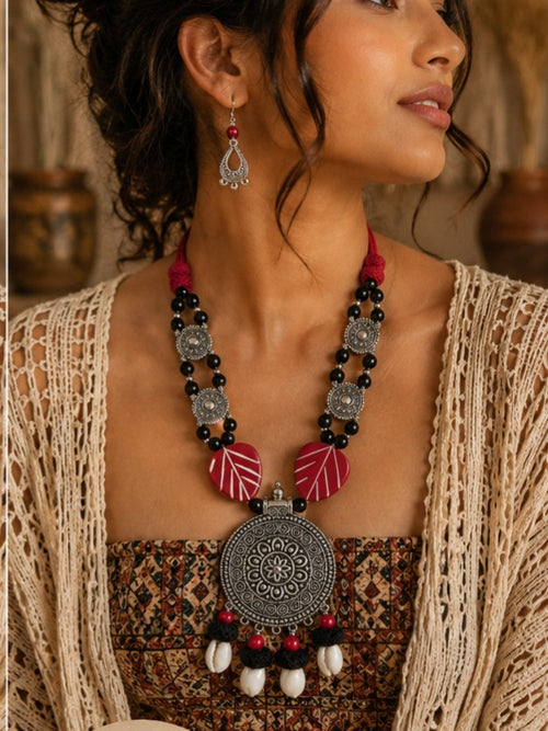 Handcrafted beautiful boho style long necklace set with earrings 