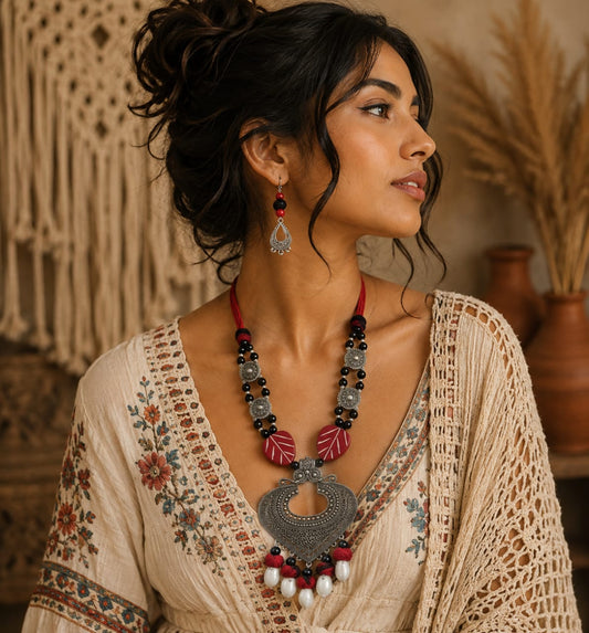 Handcrafted beautiful boho style long necklace set with earrings 