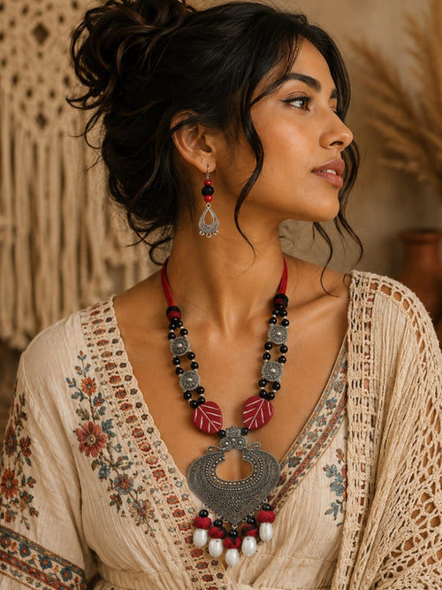 Handcrafted beautiful boho style long necklace set with earrings 
