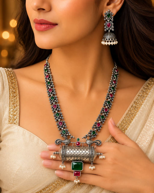 High Oxidised Quality Most Wanted Monalisa Stone Neklace Set with Matching Jhumki