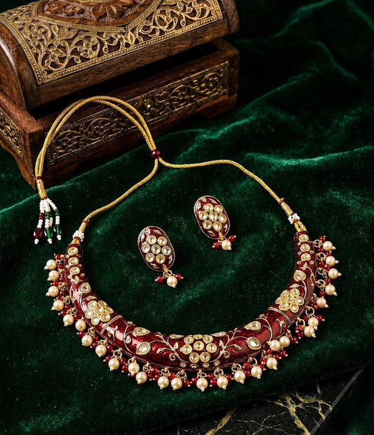 Kundan Rajwadi Hasli Maroon Necklace Set with Matching Earrings