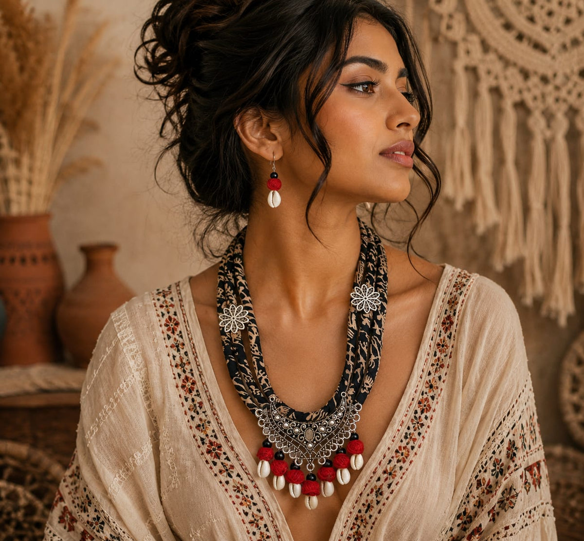 beautiful Silver Red boho style long necklace set