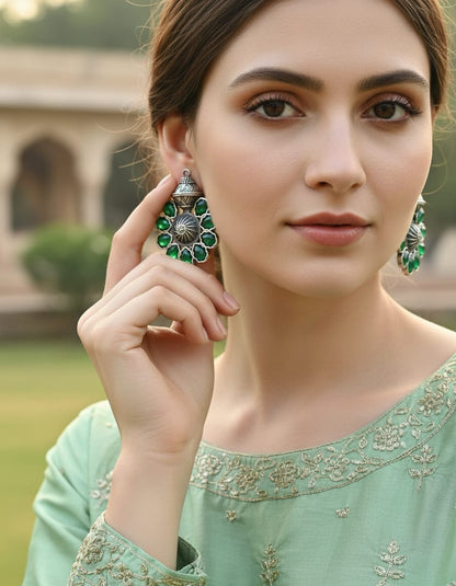 Beautiful Designer Silver Lookalike Monalisa Stone Stud Earrings 