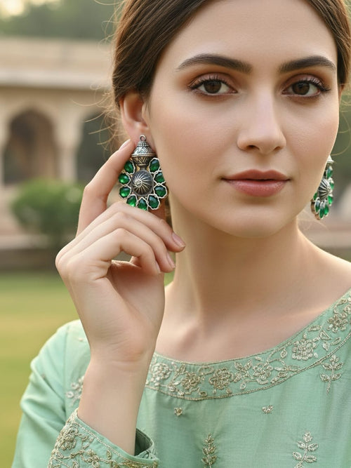 Beautiful Designer Silver Lookalike Monalisa Stone Stud Earrings 