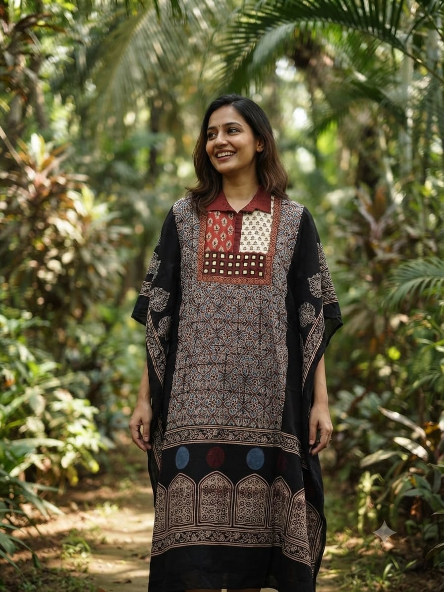 Handcrafted Elegance in Midnight Black & Maroon Ajrakh Print Kaftan in Modal Silk Material