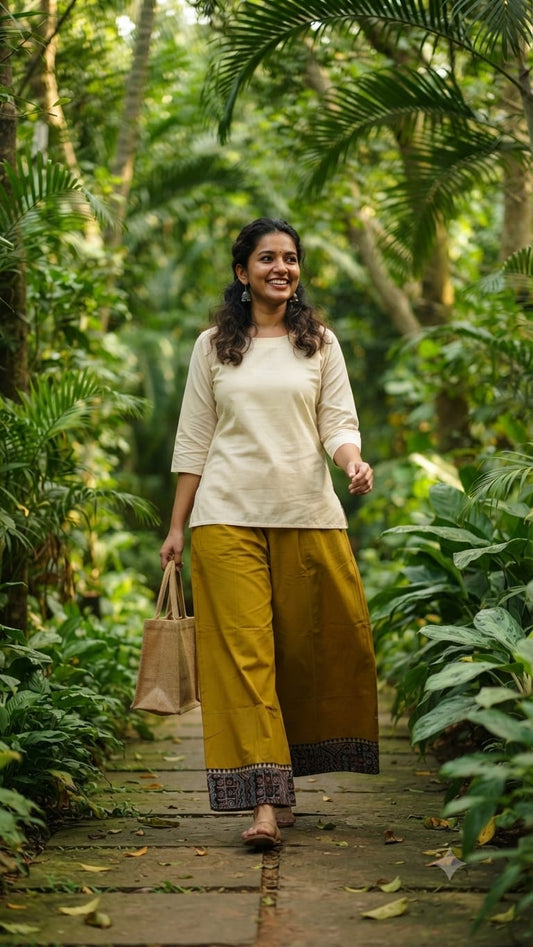 Beautiful Dual Combo of Dyed and Azrakh Mustard Yellow Patch Palazzo Pants with Elastic For Women.