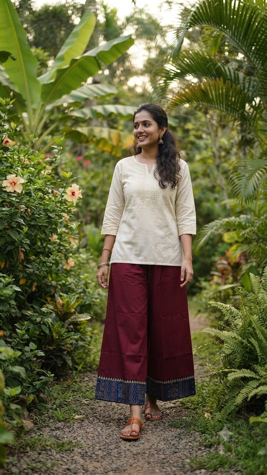 Beautiful Dual Combo Maroon & Navy Blue of Dyed and Azrakh Patch Palazzo Pants with Elastic for Women.