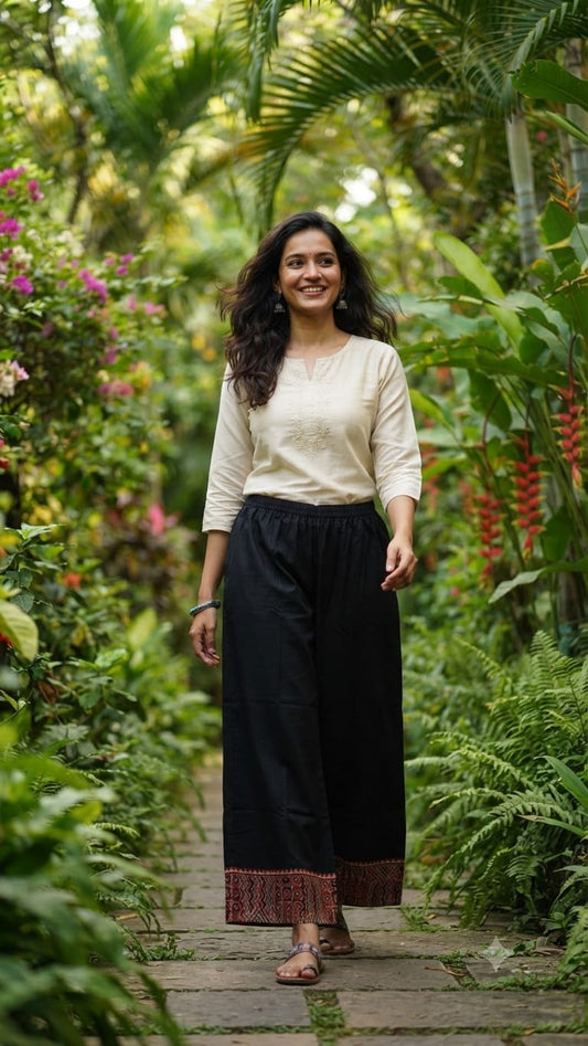 Beautiful Dual combo of dyed and Azrakh Black patch palazzo pants with elastic for women.