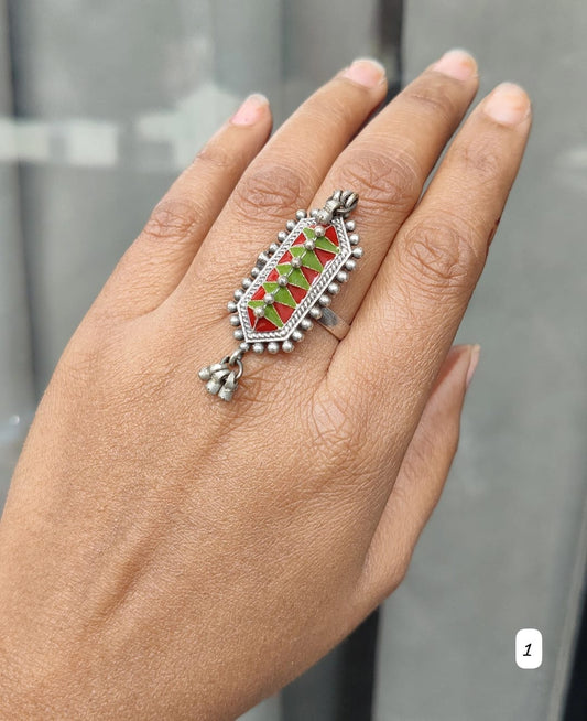 Unique Oxidised silver lookalike Amrapali adjustable ring with ghungroo and enamel work