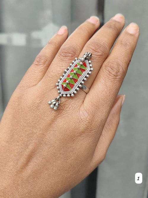 Unique Oxidised silver lookalike Amrapali adjustable ring with ghungroo and enamel work