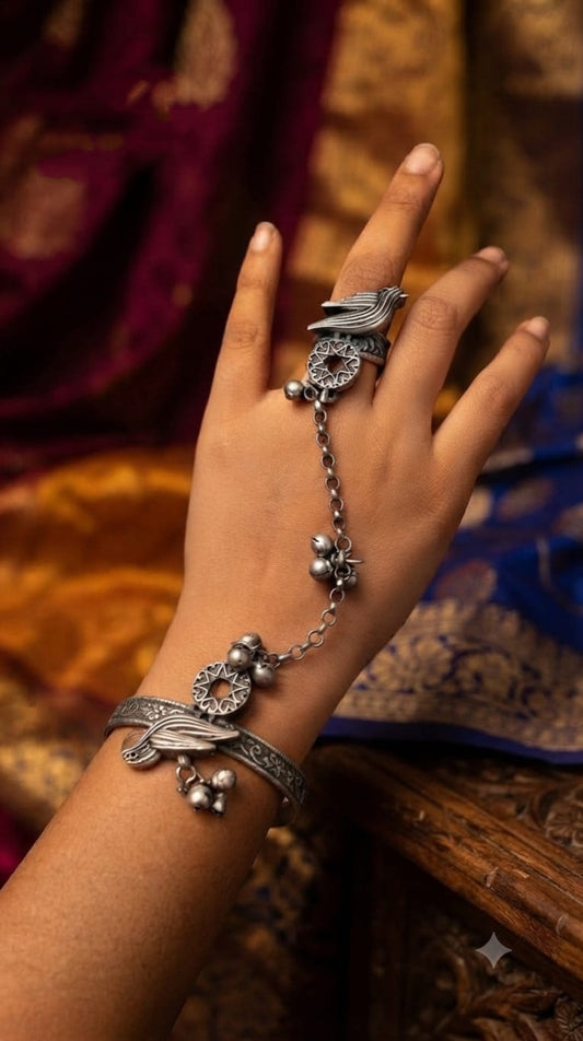 Ethnic Silver Lookalike Premium Oxidised Quality Adjustable Ring (Haath Phool) with Adjustable Bracelet