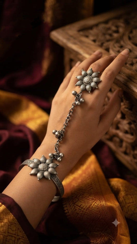 Ethnic silver lookalike premium Oxidised quality adjustable ring (haath phool) with adjustable bracelet