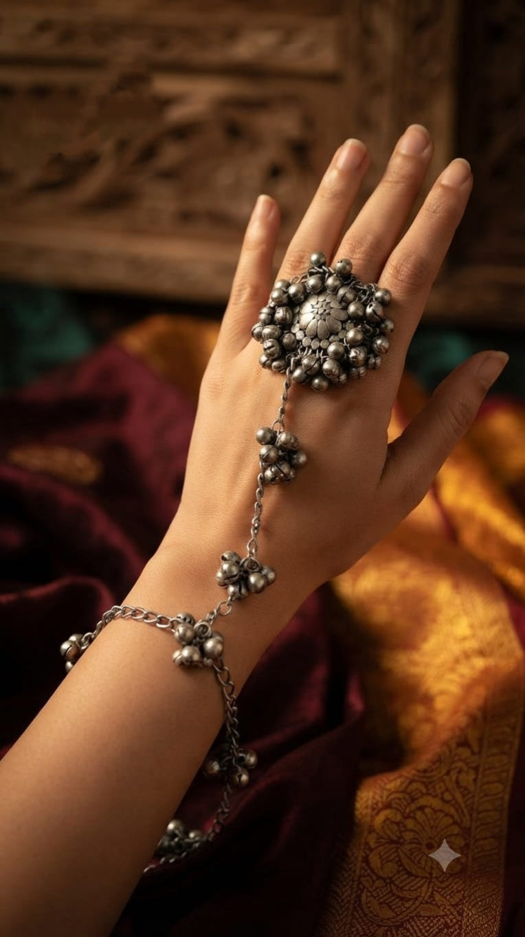 Ethnic silver lookalike premium Oxidised quality adjustable ring (haath phool) with adjustable bracelet