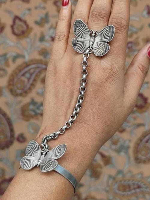 Ethnic silver lookalike premium Oxidised quality adjustable ring (haath phool) with adjustable bracelet