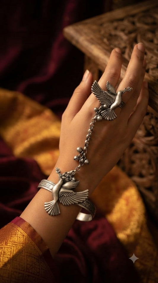Ethnic Silver Lookalike Oxidised Premium Quality Adjustable Ring (Haath Phool) with Adjustable Bracelet