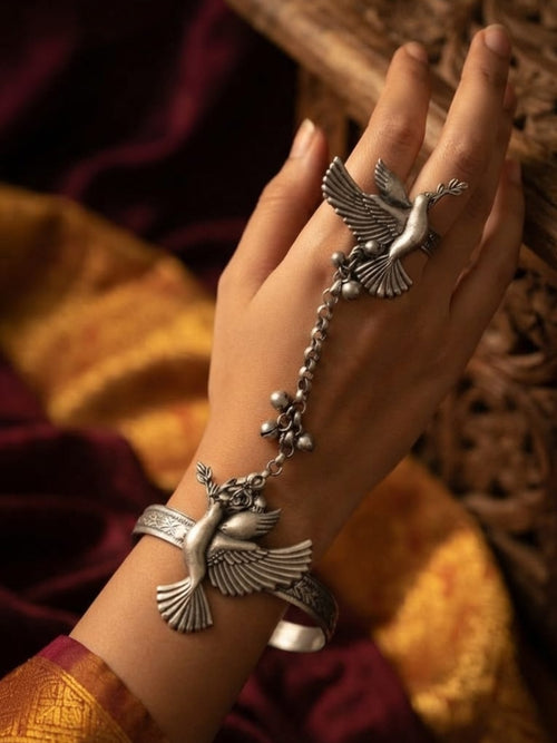 Ethnic Silver Lookalike Oxidised Premium Quality Adjustable Ring (Haath Phool) with Adjustable Bracelet
