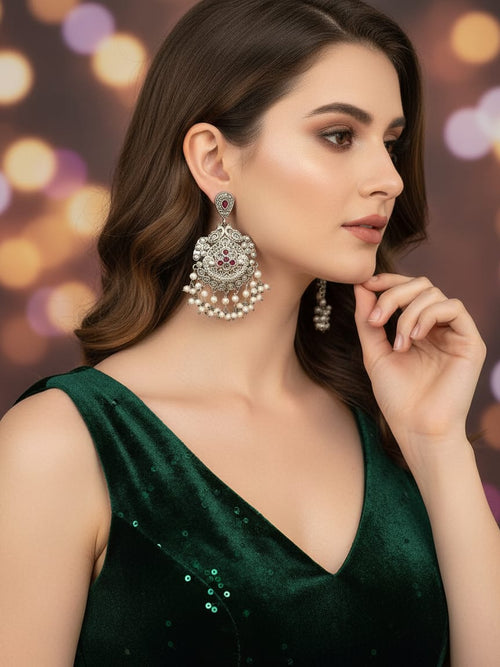 Elegant Pearl Earrings in Silver Look Alike with Monalisa Stone 