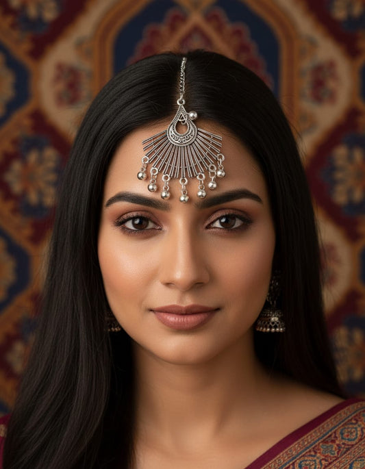 Boho Maangtika in silver lookalike with Ghungroo Drops