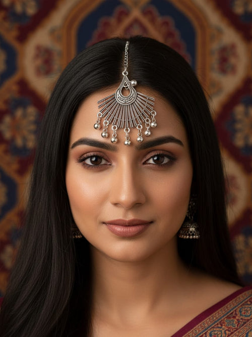 Boho Maangtika in silver lookalike with Ghungroo Drops
