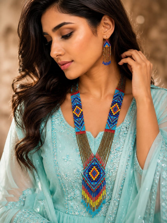 Light Weight Navy Blue & Multicolor Moti Long Necklace Set with Matching Earrings
