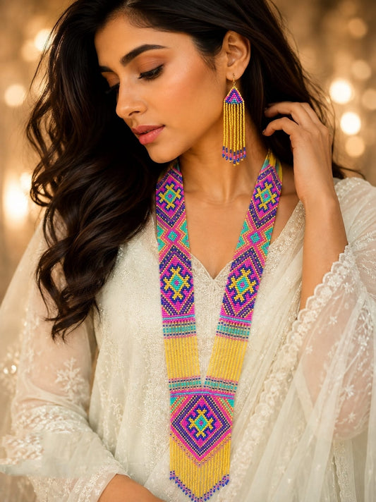 Light Weight Mustard Yellow, Purple & Pink Moti Long Necklace Set with Matching Earrings