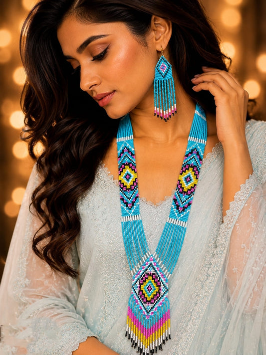 Light Weight Sky Blue, Pink & Yellow Moti Long Necklace Set with Matching Earrings